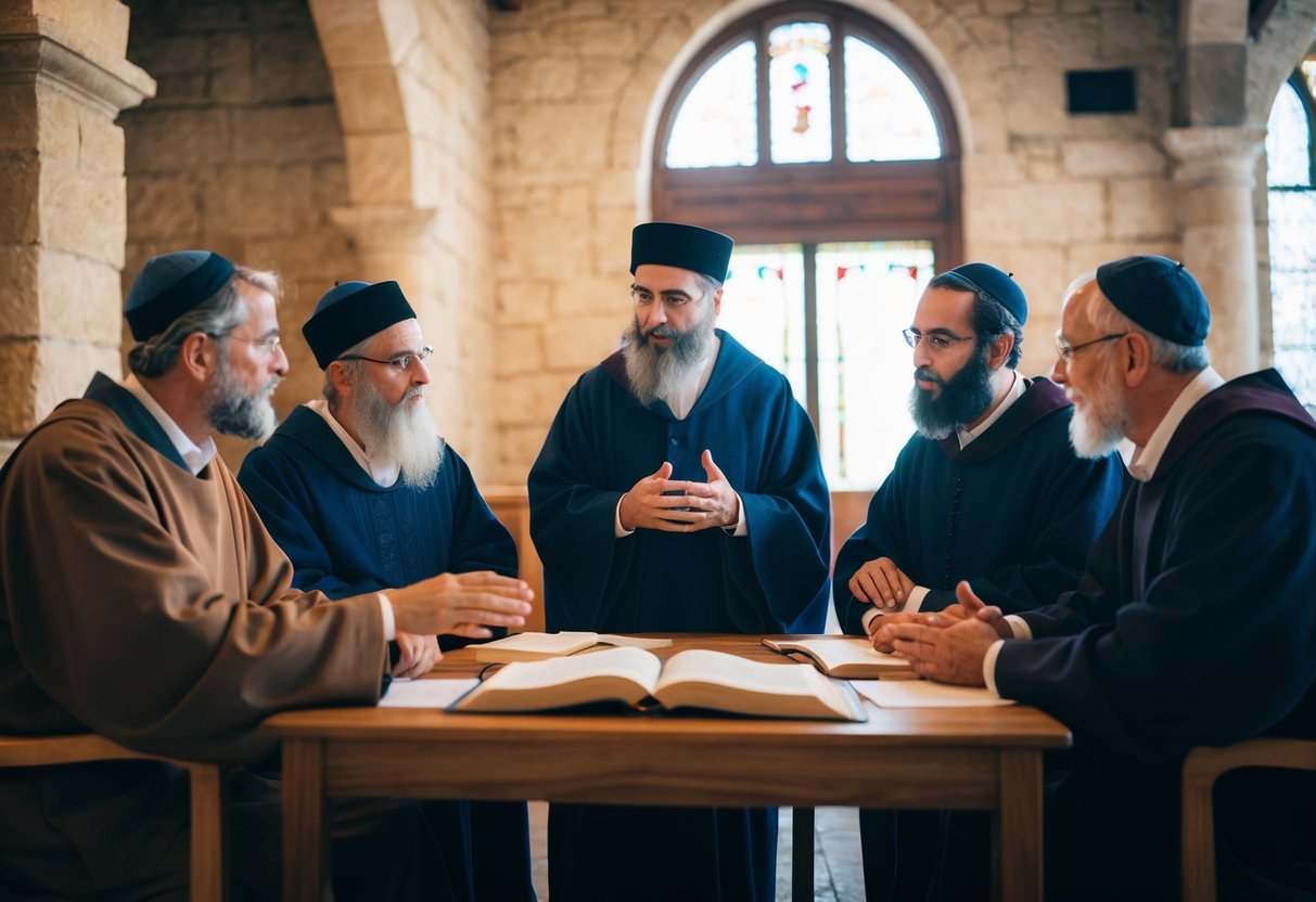 A group of ancient Hebrew scholars discussing the name "Jesus" in a synagogue