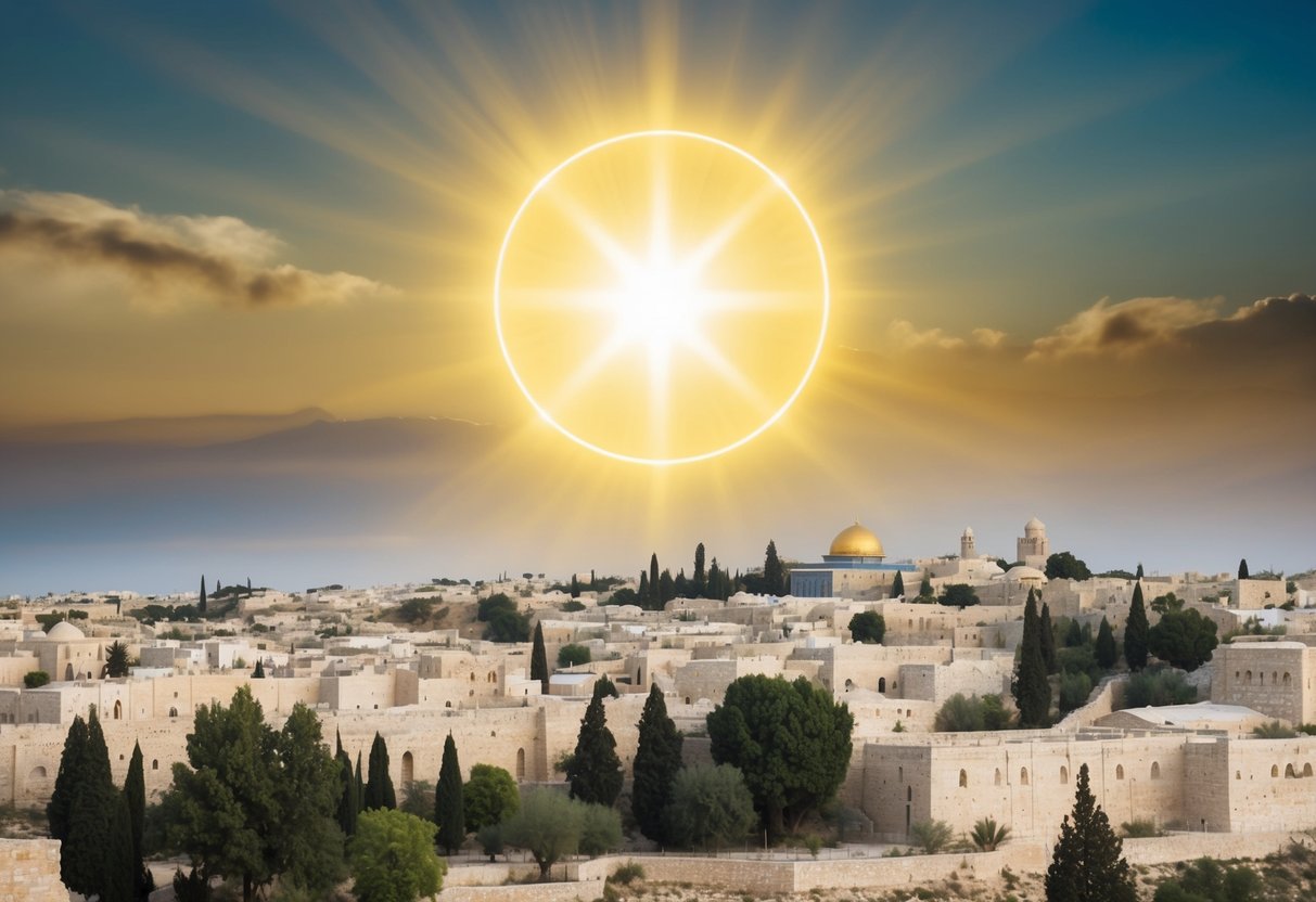 A serene, ancient Hebrew town with a glowing, golden halo above, symbolizing the divine significance of the name "Jesus."