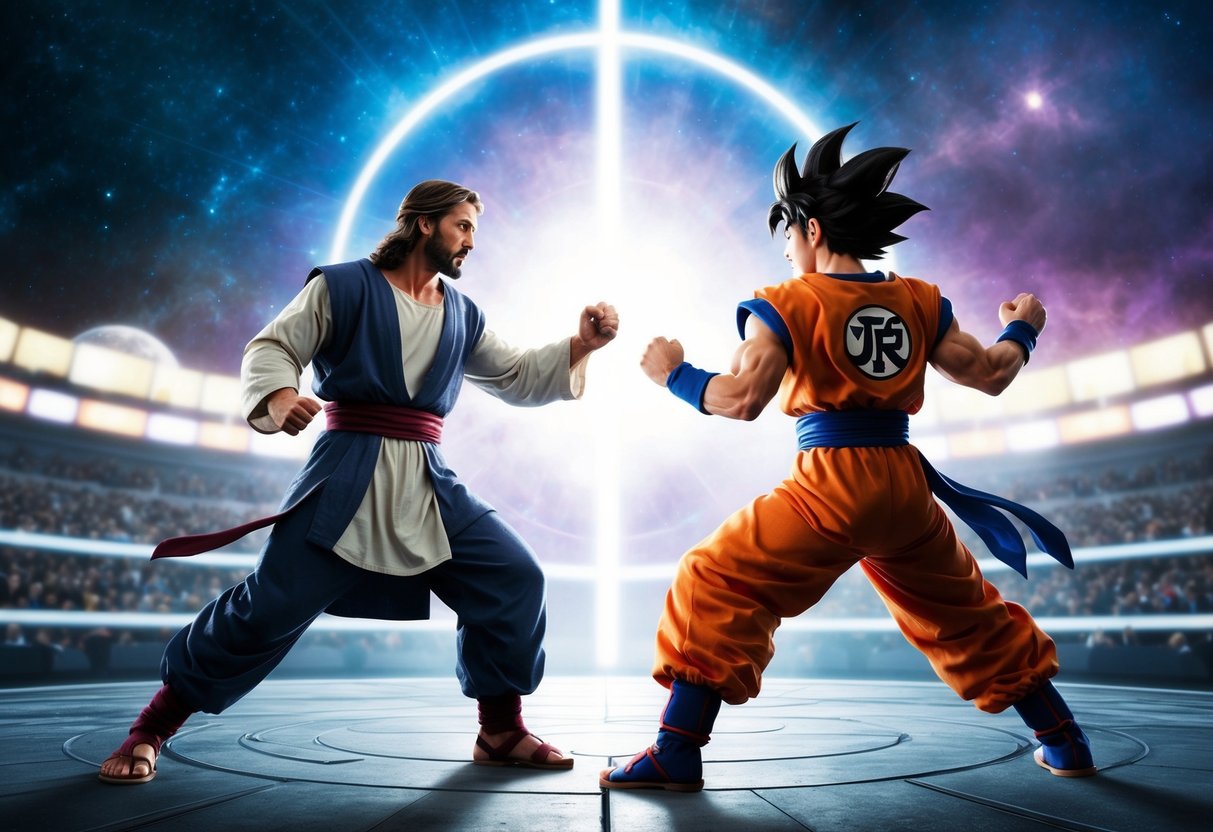 A cosmic arena with Jesus and Goku facing off in a dramatic battle of power and faith
