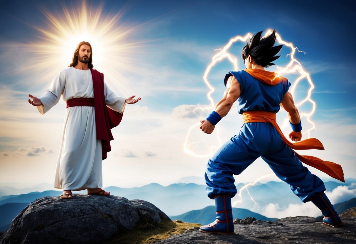 Jesus stands on a mountaintop, radiating divine power. Goku charges with energy, ready for battle