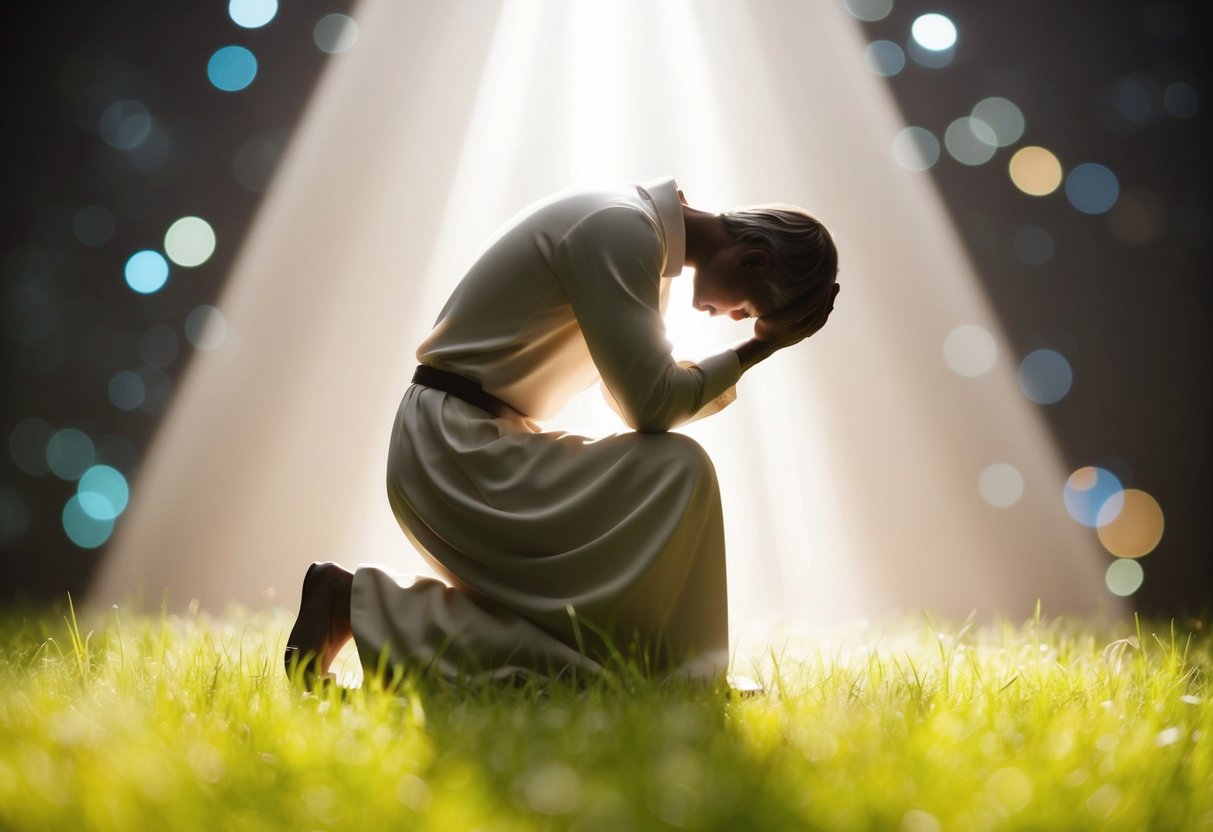 A figure kneeling in a beam of light, head bowed in contemplation, surrounded by a sense of peace and forgiveness