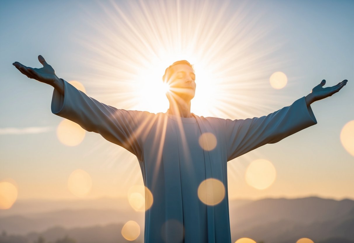 A serene figure with outstretched arms, radiating light and compassion, surrounded by a sense of forgiveness and grace
