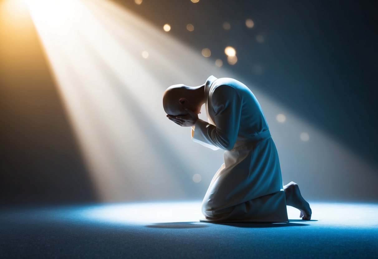 A figure kneeling in a beam of light, head bowed with a sense of remorse and seeking forgiveness